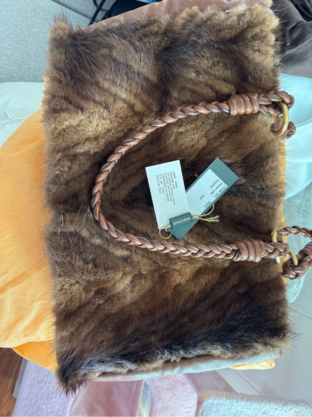 Paolo Masi Brown Mink Fur Shoulder Tote with Braided Handles